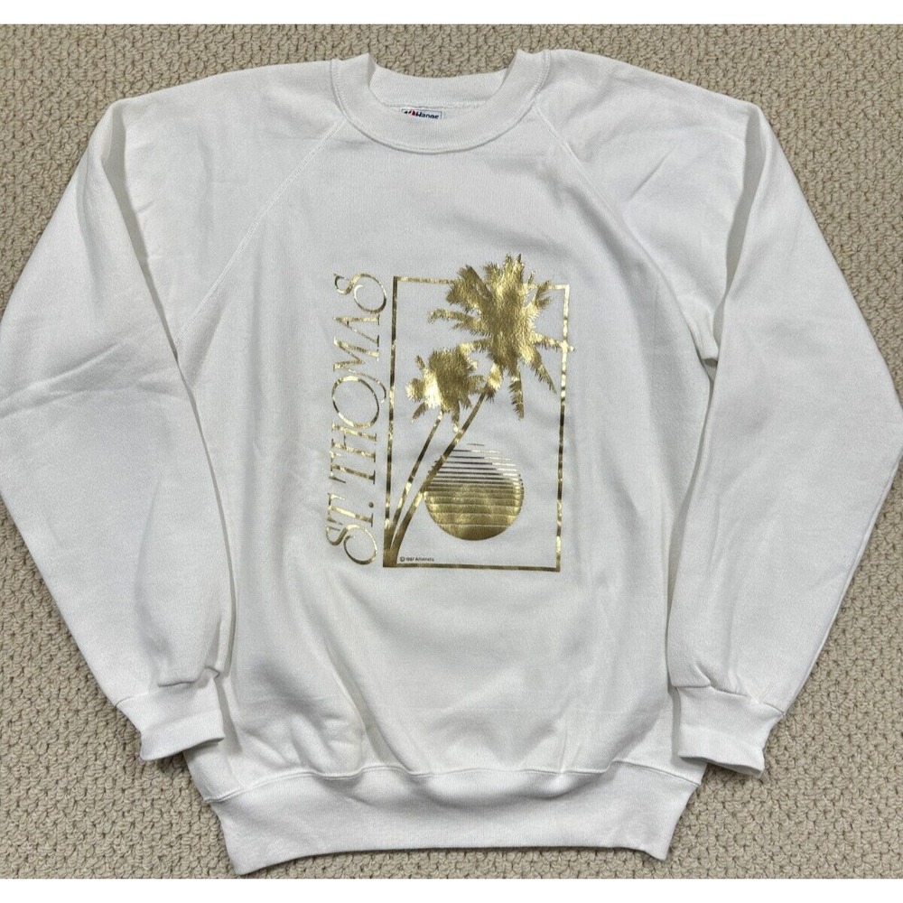 Vtg St Thomas Sweatshirt White Size L Crewneck Sweater 80s Hanes Made in USA